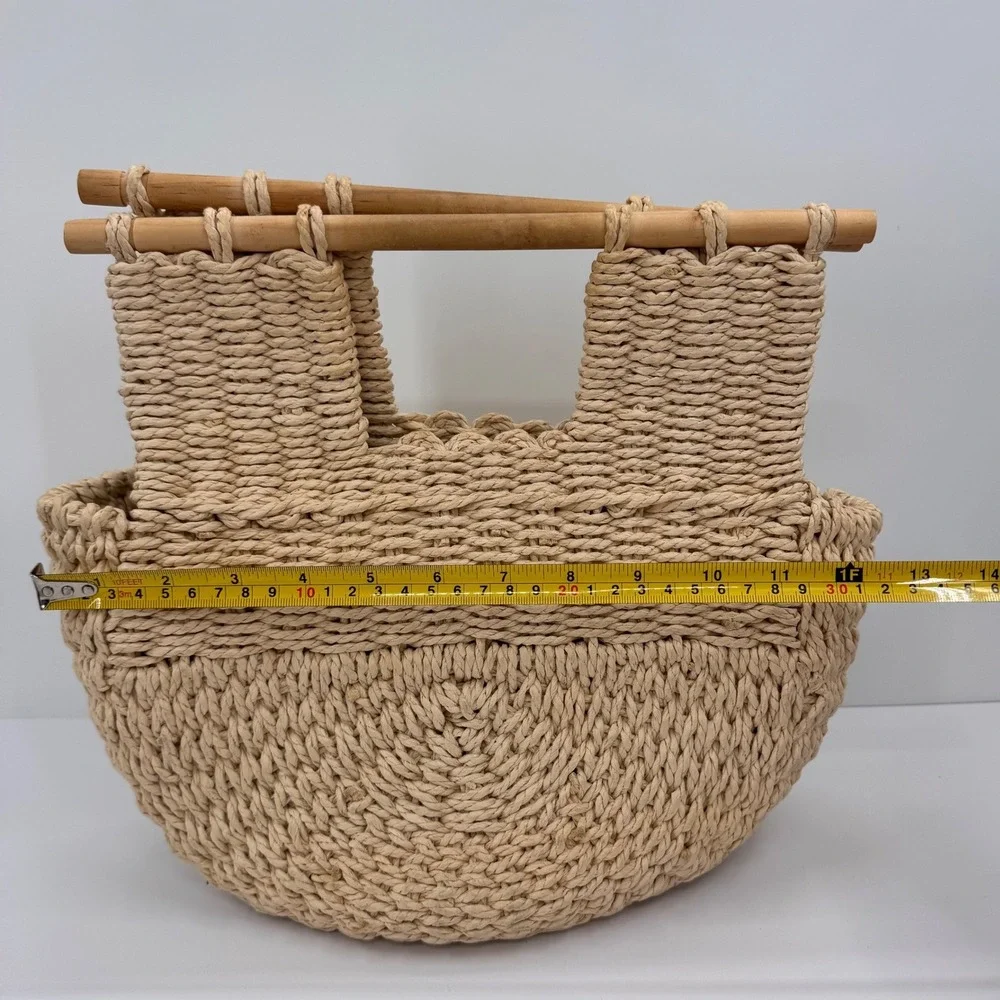 Woven Straw Tote Bag Half Moon Wooden Handle Beige Boho Summer Handbag Unbranded - Picture 7 of 12